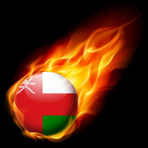 炎で燃えて丸い光沢のあるアイコンとしてオマーンの国旗 — ストックベクタ