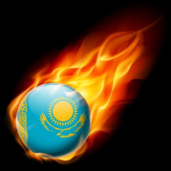 Flag of Kazakhstan as round glossy icon burning in flame — Stock Vector