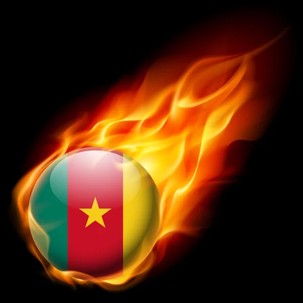 Flag of Cameroon as round glossy icon burning in flame — Stock Vector