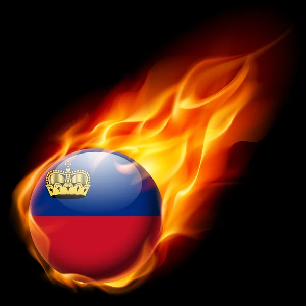 Flag of Liechtenstein as round glossy icon burning in flame — Stock Vector