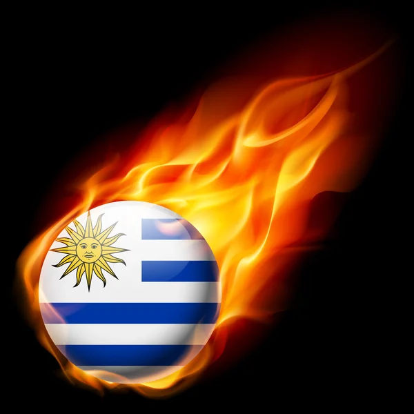 Bandera de Uruguay como icono redondo brillante ardiendo en llamas — Vector de stock