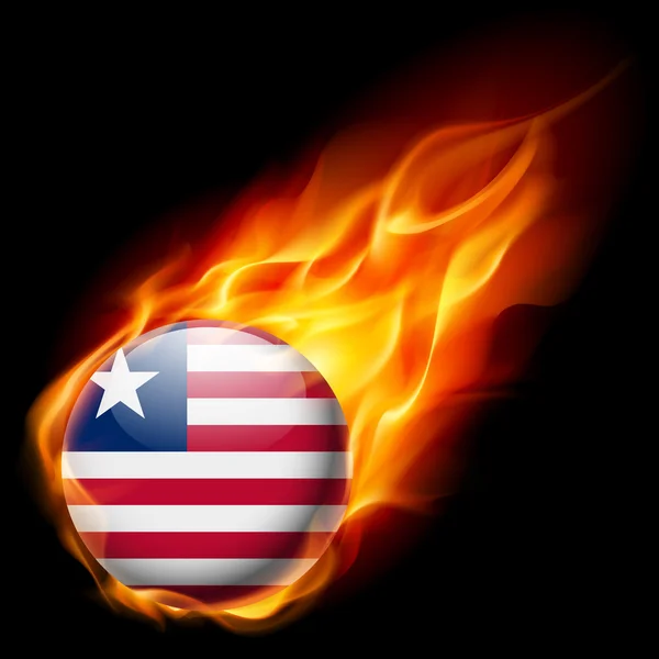 Flag of Liberia as round glossy icon burning in flame — Stock Vector