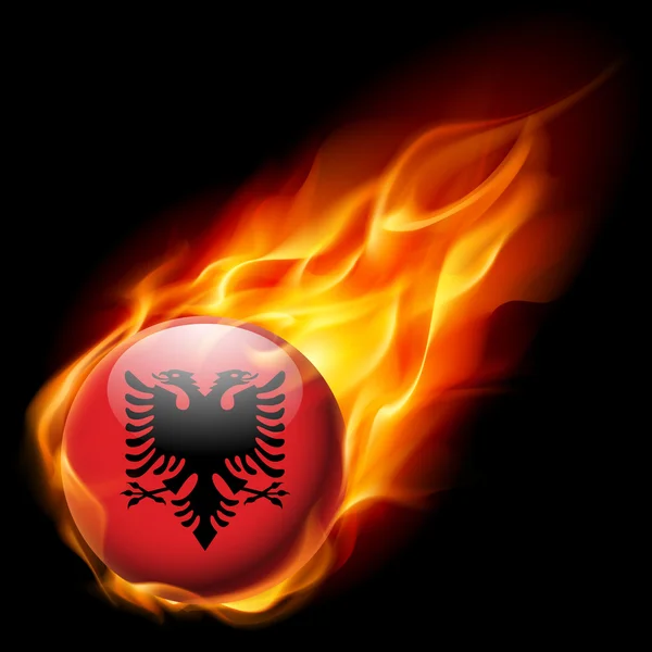 Bandera de Albania como icono redondo brillante ardiendo en llamas — Archivo Imágenes Vectoriales