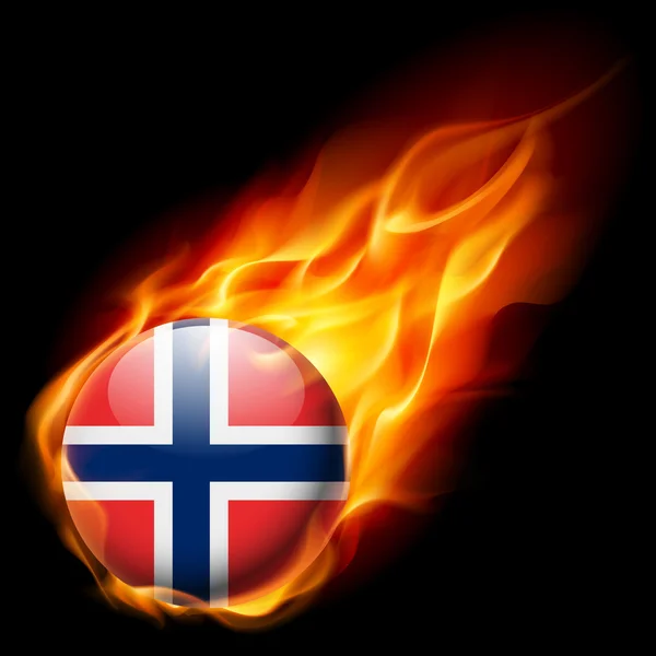 Alev içinde yanma yuvarlak parlak simge olarak Norveç bayrağı — Stok Vektör