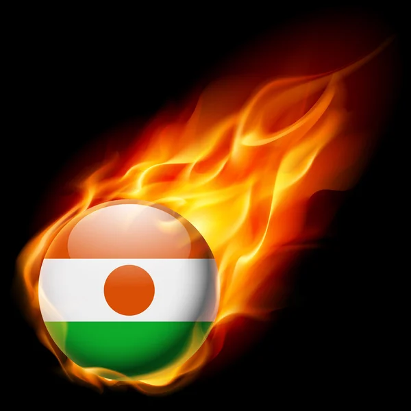 Flag of Niger as round glossy icon burning in flame — Stock Vector