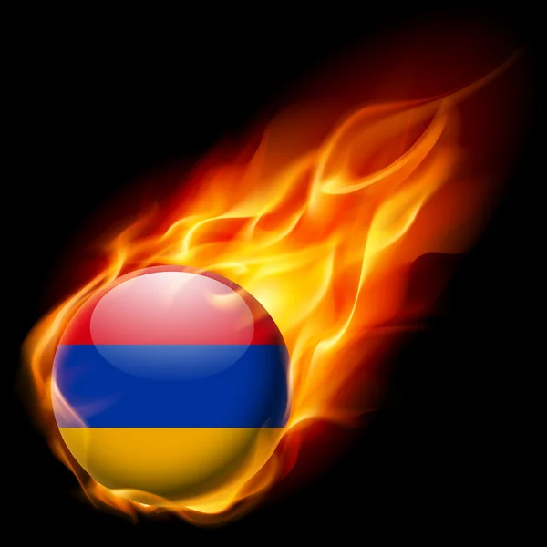 Flag of Armenia as round glossy icon burning in flame — Stock Vector