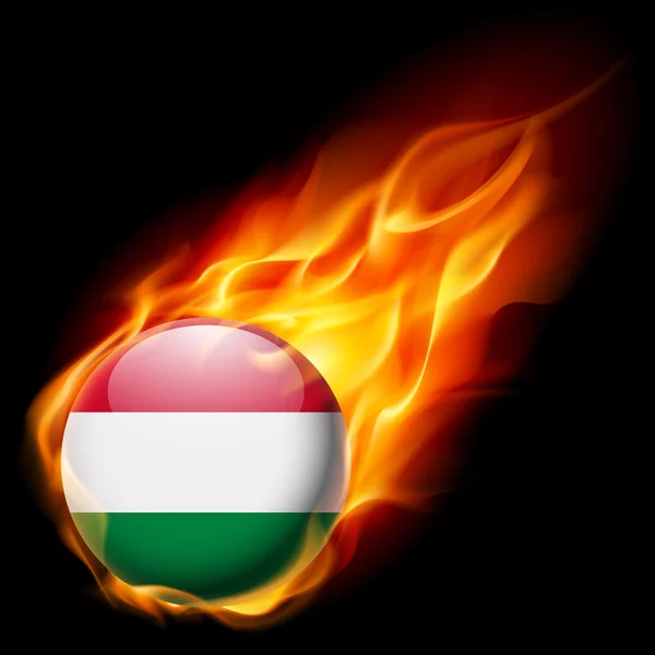 Flag of Hungary as round glossy icon burning in flame — Stock Vector