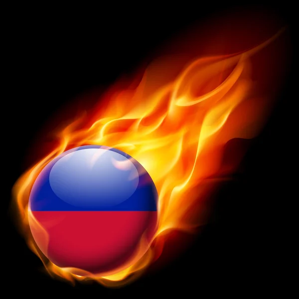 Bandera de Haití como icono brillante redondo ardiendo en llamas — Vector de stock