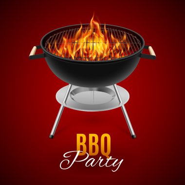 Barbekü partisi banner ızgara üzerinde kırmızı izole ateşle