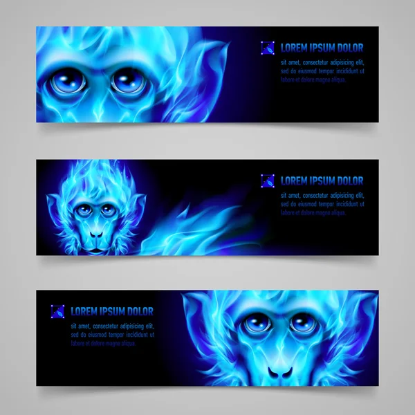 Instellen van banners met Monkey hoofd in blauwe vlam — Stockvector