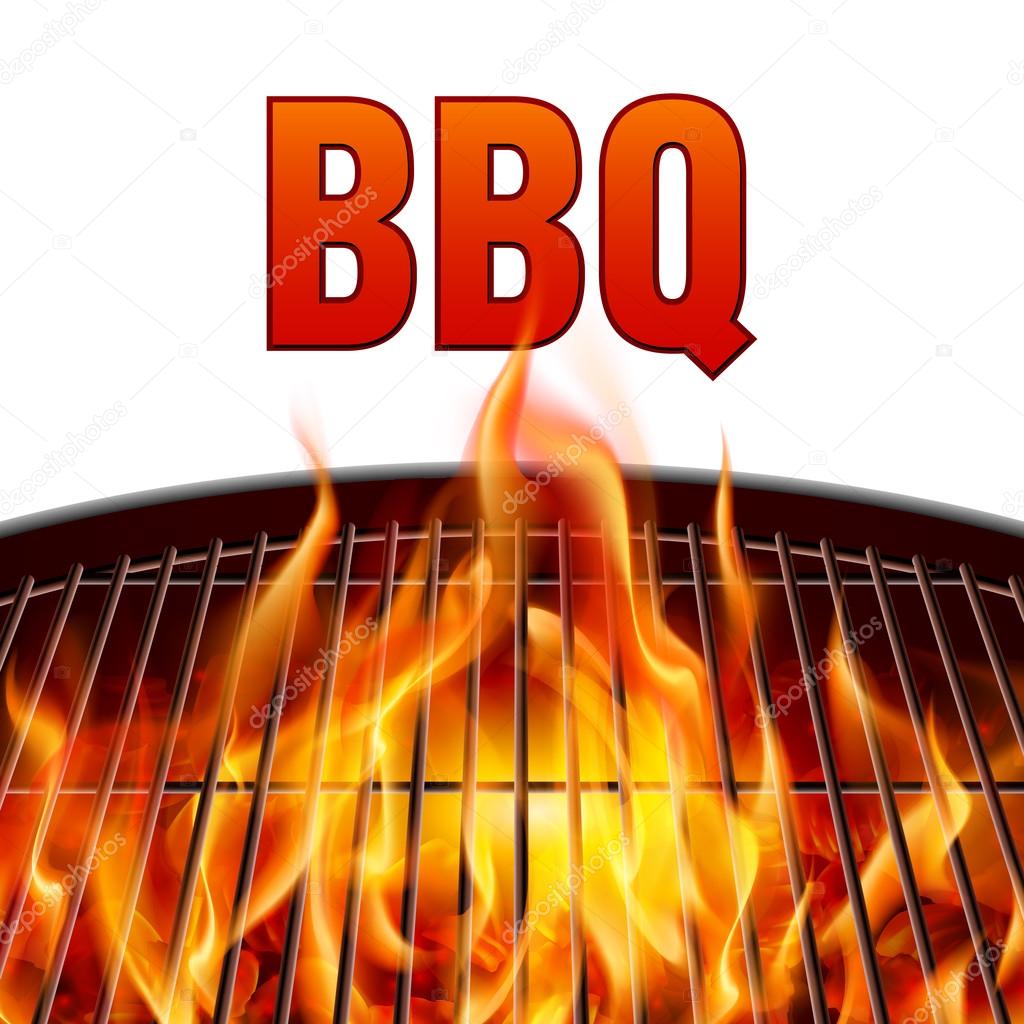 Closeup BBQ grill fire on white background