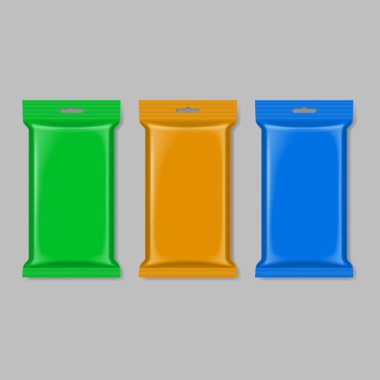 Set of polymer packaging in green orange and blue color clipart