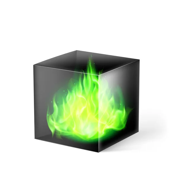 Cubo con llamas de fuego — Vector de stock