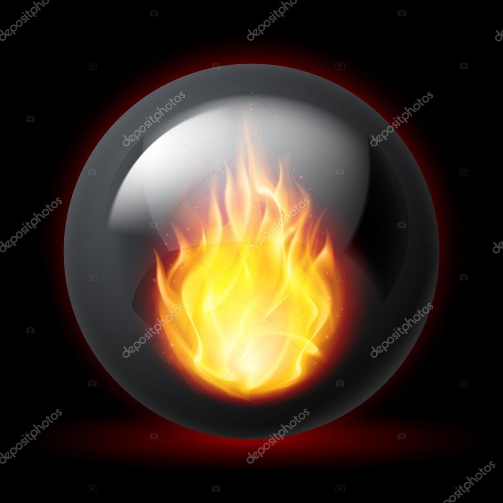 Black sphere with fire flames inside on dark background