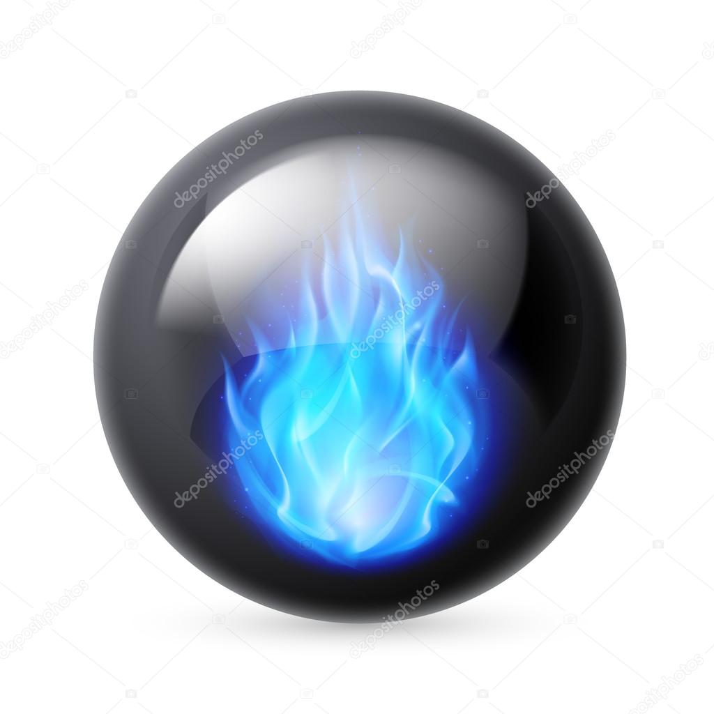 Black sphere with blue fire flames inside on white
