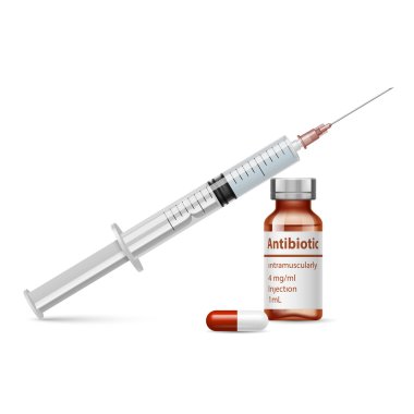 Beyaz izole şırınga, ilaç ve antibiyotik ampül