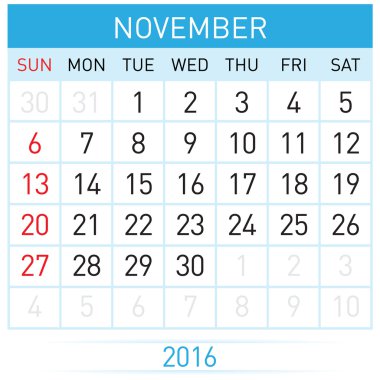 Kasım yirmi-on altı. Takvim ayı. Resimde beyaz arka plan üzerinde