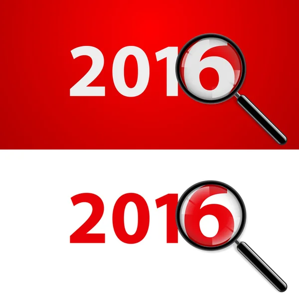 Numeri 2016 con lente d'ingrandimento in bianco e rosso — Vettoriale Stock