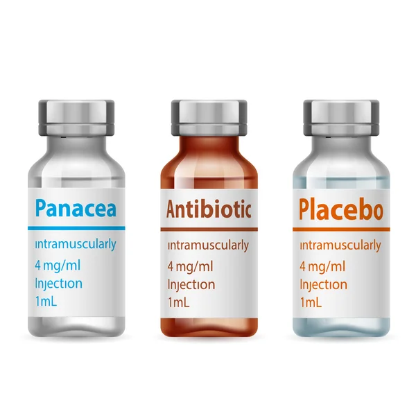 Conjunto de viales médicos placebo, antibiótico y panacea — Vector de stock