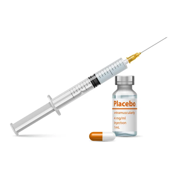 Stříkačka, pilulky a placebo ampule izolované na bílém — Stockový vektor