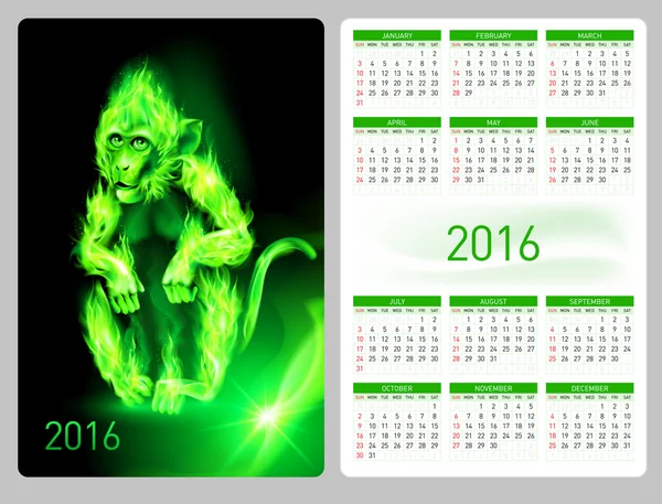 Calendar 2016 with beautiful green fire monkey image — Stock Vector