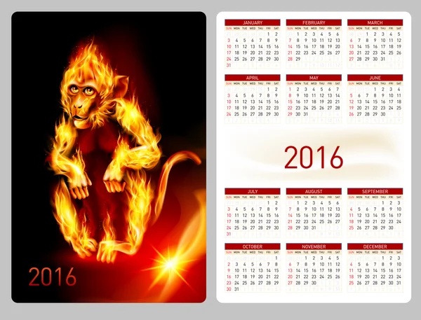 Calendario 2016 con hermosa imagen de mono de fuego — Archivo Imágenes Vectoriales