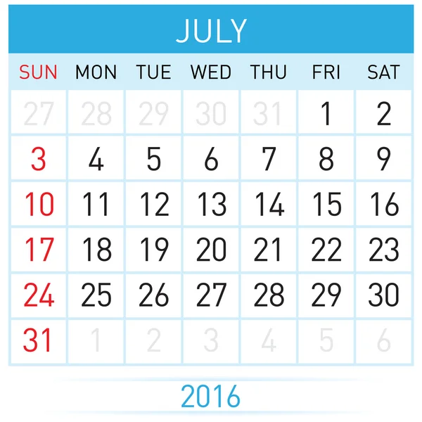 July Twenty-Sixteen. Calendar Month. Illustration on white background — Stock Vector