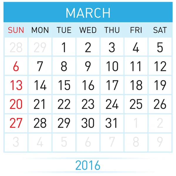 3 월 20-16입니다. 캘린더 달입니다. 흰색 배경 그림 — 스톡 벡터