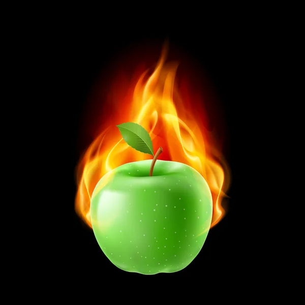 Green apple in the fire — Stock Vector