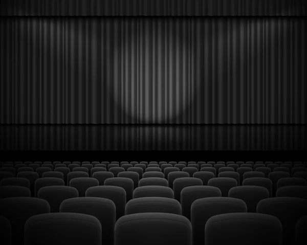 Black curtain from the theatre with a spotlight and row chairs — Stock Vector