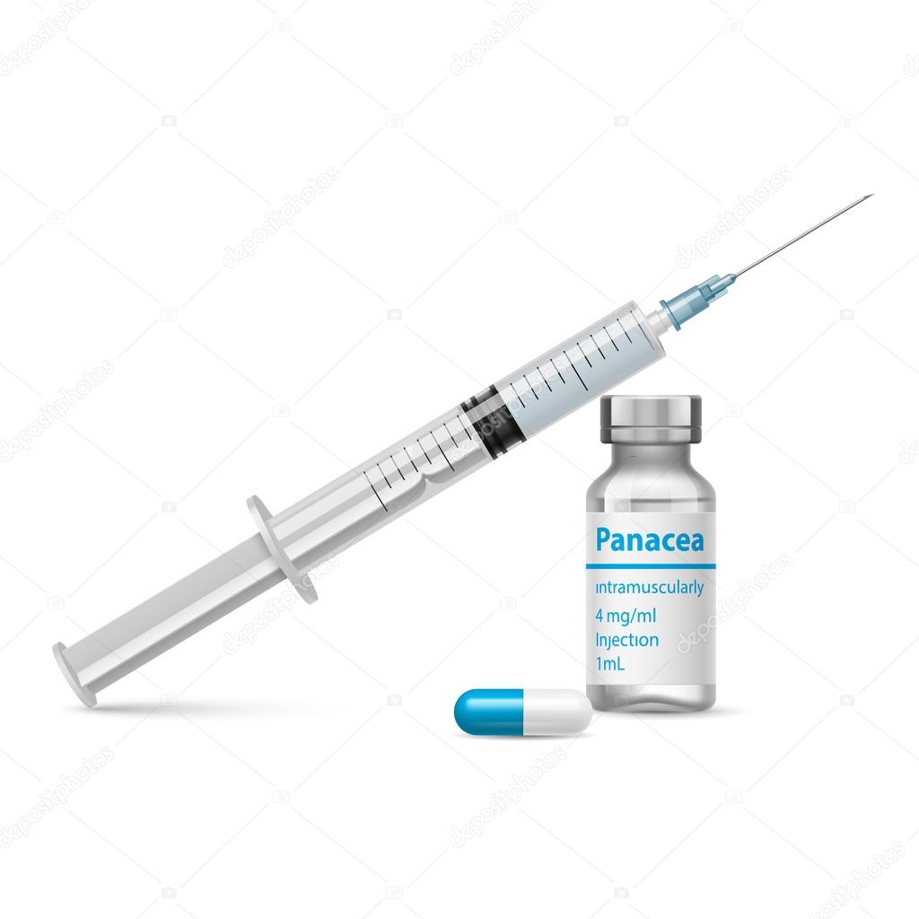 Syringe, pills and panaceas ampoule isolated on white