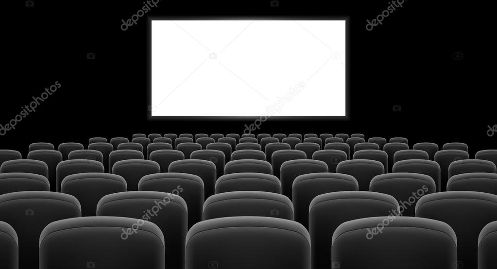 Cinema hall with white screen and gray row chairs