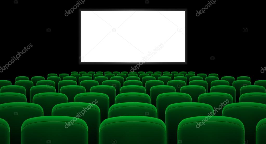 Cinema hall with white screen and green row chairs