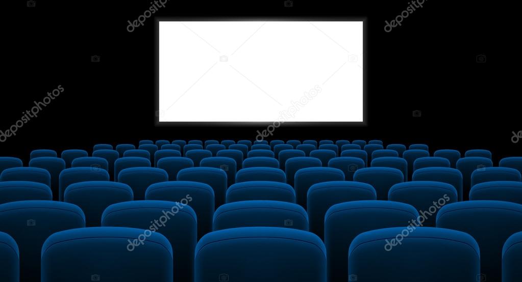 Cinema hall with white screen and blue row chairs