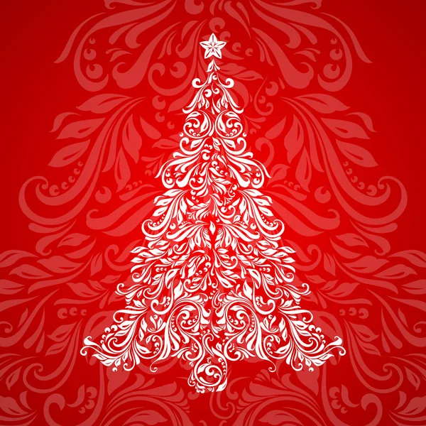 Süslü kırmızı arka planda çiçek deseninden yapılmış Noel ağacı — Stok Vektör