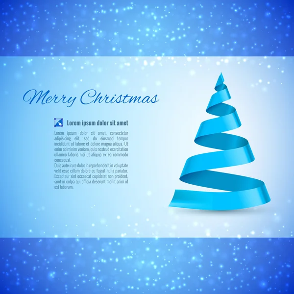 Tarjeta de felicitación de Navidad con cinta azul Árbol de Navidad sobre fondo brillante — Vector de stock
