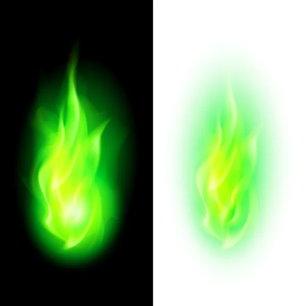 Grüne Feuerflammen über kontrastierenden schwarzen und weißen Hintergründen — Stockvektor