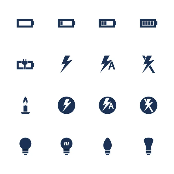 Set van pictogrammen voor batterij volledig ontladen en opladen energie bronnen in vlakke stijl — Stockvector