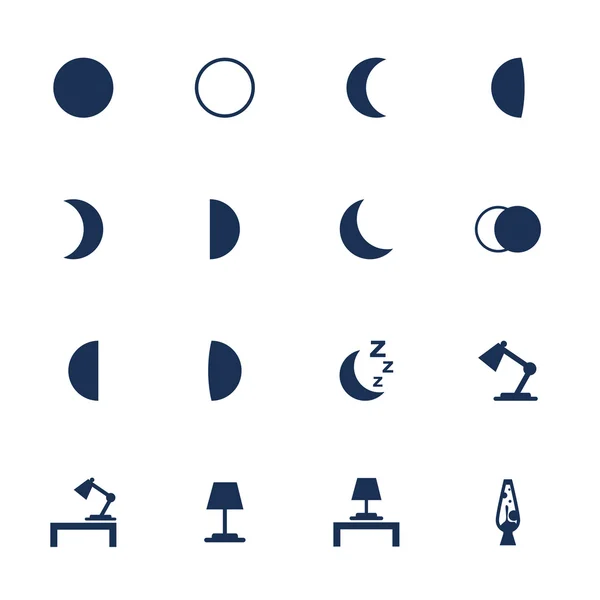 Ensemble d'icônes plates avec phases de lune et éléments d'éclairage — Image vectorielle