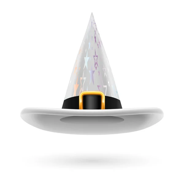 Chapéu branco bruxa com fivela dourada, hatband e prata estrelas ornamento — Vetor de Stock
