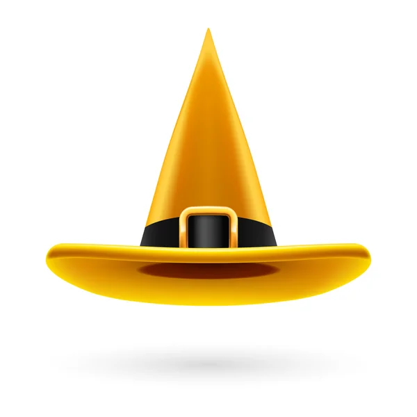 Желтая шляпа ведьмы с золотой пряжкой и шляпой — стоковый вектор