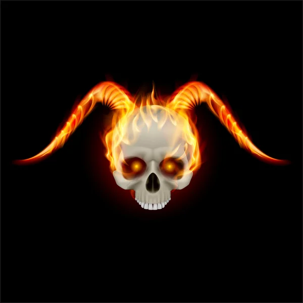 Calavera ardiente con cuernos de fuego y sin mandíbula inferior — Vector de stock