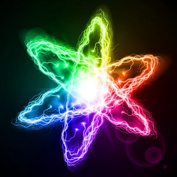 Atomo in forma stella colorata sullo sfondo nero — Vettoriale Stock
