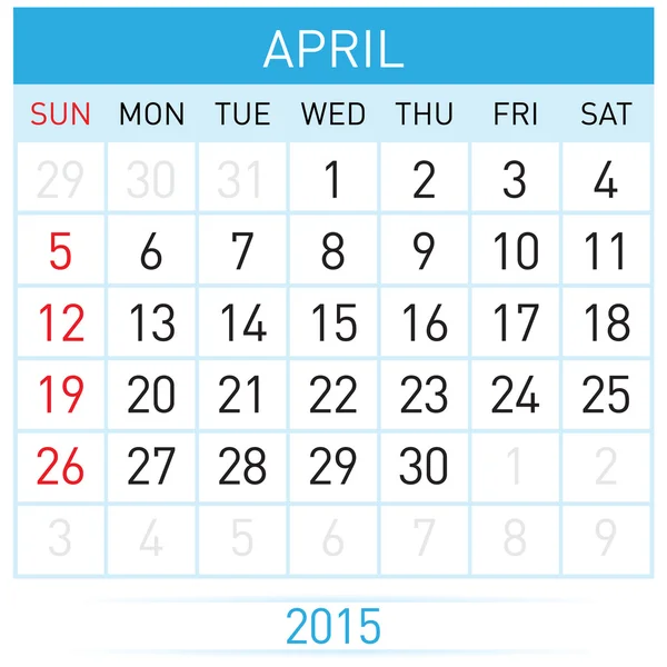 Miesięczne szablon kalendarza w kwietniu roku dwadzieścia piętnaście — Wektor stockowy