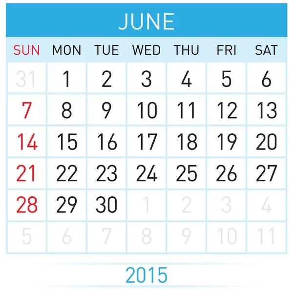 Monthly calendar template for June of year Twenty Fifteen — Stock Vector