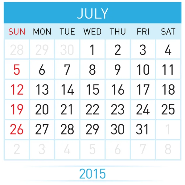 Monthly calendar template for July of year Twenty Fifteen — Stock Vector