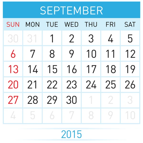 Monatliche Kalendervorlage für September des Jahres einundzwanzig fünfzehn — Stockvektor