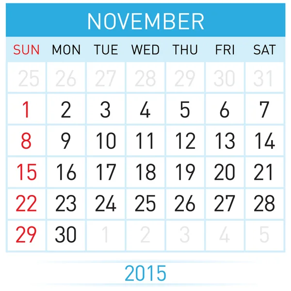 Plantilla de calendario mensual para noviembre del año Veinte y cinco — Archivo Imágenes Vectoriales