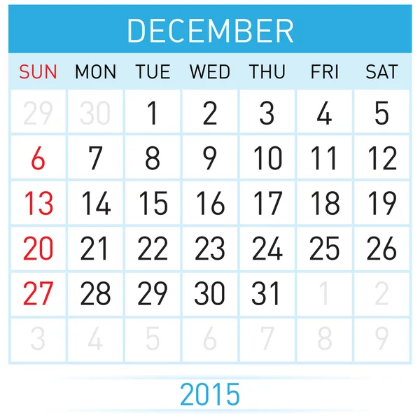 Monthly calendar template for December of year Twenty Fifteen — Stock Vector