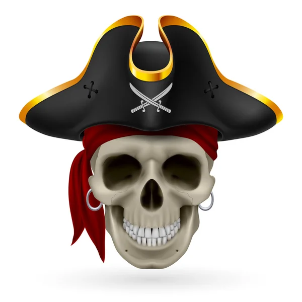 Pirate skull in red bandana and cocked hat — Stock Vector